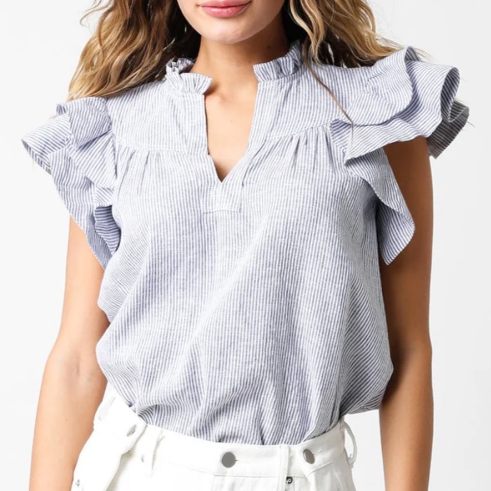 Naki Blue and White Linen Striped Ruffle Top